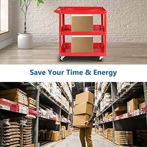 TUFFIOM 3 Tier Rolling Tool Cart, 330 Lbs Capacity, Red, 3 Shelves Steel Utility Cart for Garage, Workshop, Warehouse & Repair Shop TUFFIOM