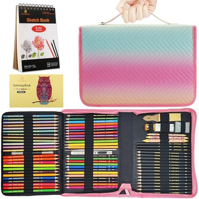 78pcs Drawing Kit Sketching Set Art Supplies with 3-Color Sketchbook Colorful Portable Case Colored Graphite Charcoal Watercolor Mettallic Pencil