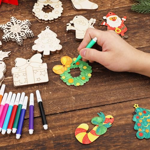 60pcs DIY Wooden Christmas Ornaments, Unfinished Wood Xmas Decorations Paintable Christmas Tree Ornaments for Christmas DIY Crafts PEUTIER