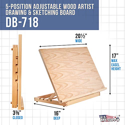 US Art Supply Large 20-1/2" Wide x 17" Tall 5-Position Adjustable Wood Artist Drawing & Sketching Board