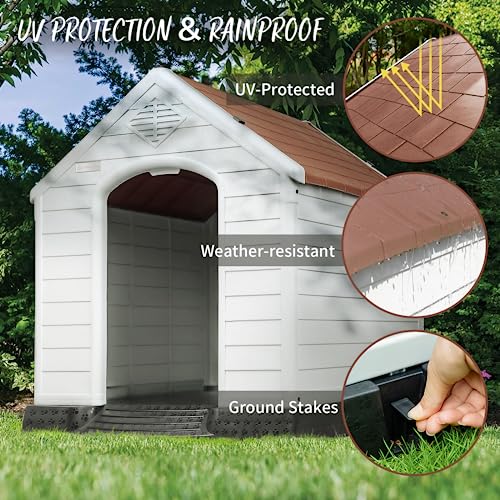 PUKAMI Plastic Dog House Outdoor Indoor,Durable Dog House for Small Medium Large Dogs,Waterproof Dog Houses with Elevated Floor and Air PUKAMI