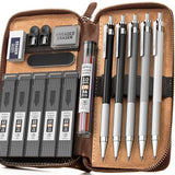 Nicpro 17PCS Metal 2mm Mechanical Pencil Set in Leather Case, 5 PCS 2.0 mm Lead Pencil Holders (4B 2B HB 2H 4H) 6 Tube Black Colored Lead Refills, Nicpro