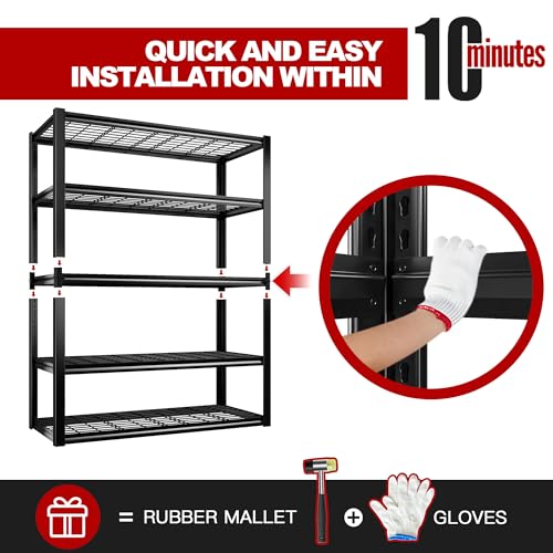 REIBII 48''W Garage Shelving Heavy Duty Loads 2500LBS Garage Storage Shelves Heavy Duty Shelving 5 Tier Adjustable Metal Shelving for Garage Storage REIBII