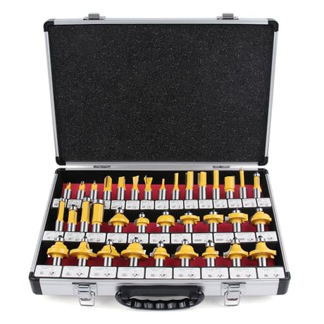 Newdeli 35 Pcs Tungsten Carbide Tipped Router Bit Set 1/2 Inch Shank for Woodworking Beginners and Commercial Users with Aluminum Alloy Storage Box Newdeli