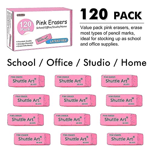 Shuttle Art Pencils and Erasers Bundle, Set of 350 Pack Sharpened Yellow Pencils + 120 Pack Pink Erasers Bulk Shuttle Art