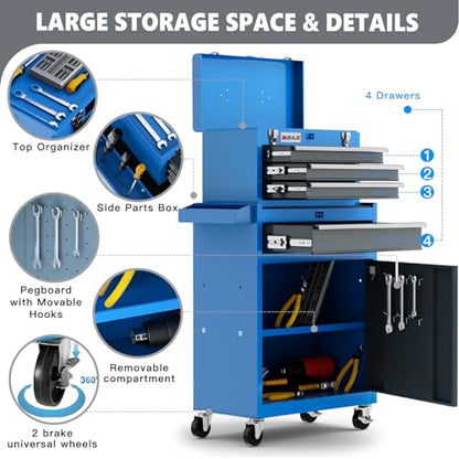 AIRAJ PRO 4 Drawers Tool Chest with Wheels,Rolling Tool Chest with Tool Box Organizer Tray Divider Set,Detachable Cabinet Storage Tool Box with Hooks - WoodArtSupply