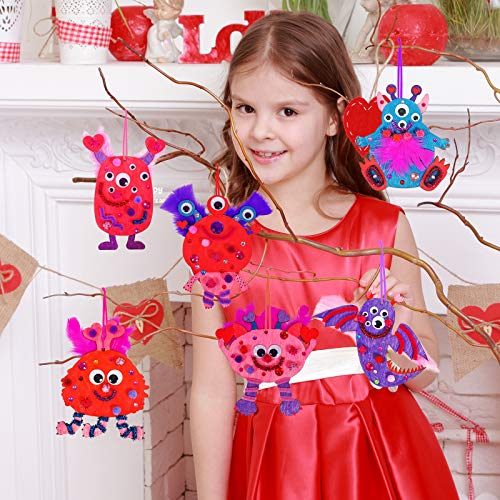 36 Sets Valentine's Day Craft Kits DIY Valentine Monster Wood Ornaments Decorations Art Sets Assorted Paintable Unfinished Wood Monster Cutouts Winlyn