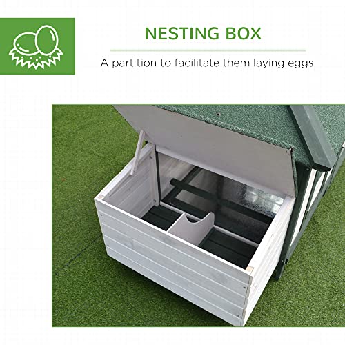 PawHut 77" Wooden Chicken Coop with Nesting Box, Cute Outdoor Hen House with Removable Tray, Ramp Run, for Garden Backyard, Green