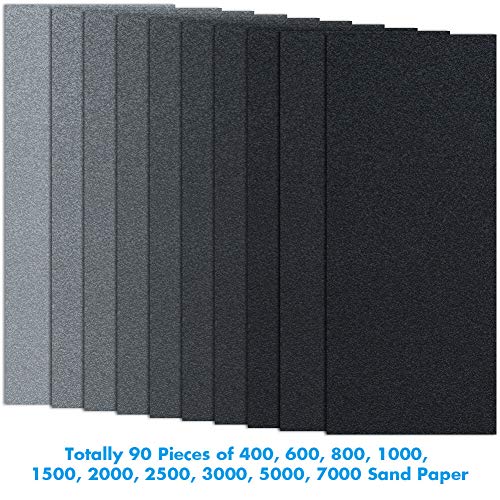 Anezus 90Pieces Sandpaper Assortment 400 to 3000 5000 7000 Grit Wet Dry Fine Sand Paper Assortment for Automotive Sanding Car Painting Wood Furniture anezus