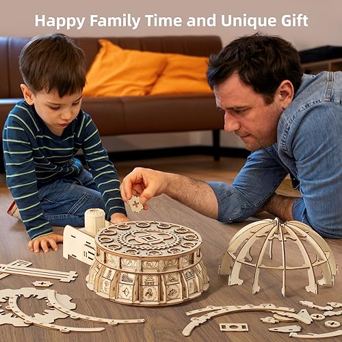 MIEBELY 3D Wooden Illuminated Globe Music Box with Space Projector - DIY LED Puzzle Kit for Adults - WoodArtSupply