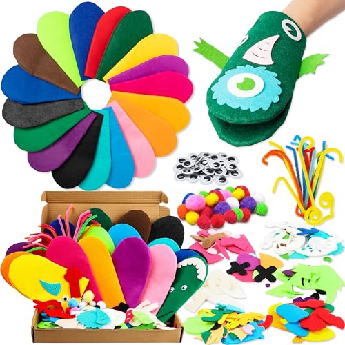 WATINC 18Pcs Hand Puppets Making Kit for Kids Art Craft Felt Sock Monster Puppet Creative DIY Make Your Own Puppets Pipe Cleaners Pompoms