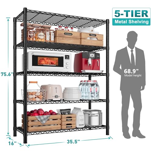 REIBII Storage Shelves with Wheels, Wire Shelving Unit with Wheels, 75.6"H Heavy Duty Shelving, Metal Shelves for Storage, Pantry Shelves for REIBII