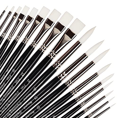 Falling in Art Flat and Round Tips White Sable Paint Brush Set - 18PCS Artist Face Paint Brushes, Short Handled Nylon Brushes Set for Watercolor, - WoodArtSupply