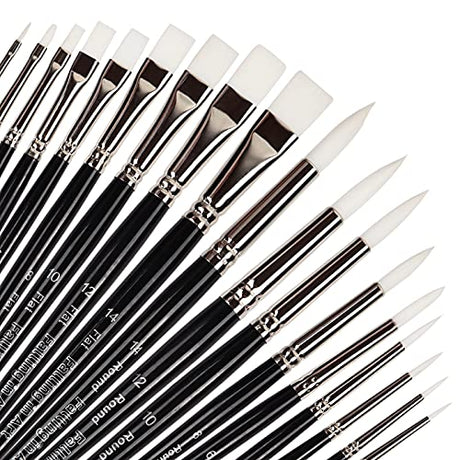 Falling in Art Flat and Round Tips White Sable Paint Brush Set - 18PCS Artist Face Paint Brushes, Short Handled Nylon Brushes Set for Watercolor, Falling in Art