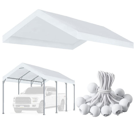 12'x20' Upgraded Carport Replacement Top Canopy Cover for Car Garage Shelter Tent Party Tent with Ball Bungees White (Only Top Cover, Frame is not Vanteriam