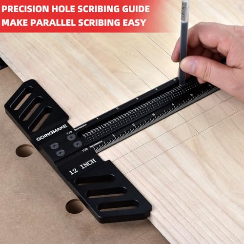 GOINGMAKE Woodworking T-Square 12 Inch Aluminum Alloy T Square Ruler 1/32" Hole Scrbing Guides Positioning Scribe Tool Precision Woodworking Ruler - WoodArtSupply