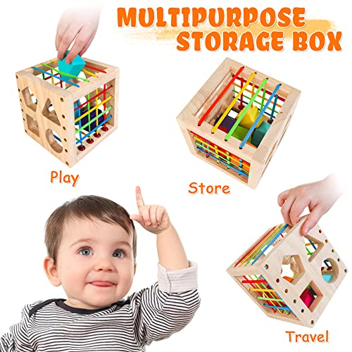HELLOWOOD Montessori Toys for 1+ Year Old, Wooden Sorter Cube with 8pcs Rattling Shapes, Developmental Learning Toy Gifts for Baby Girls Boys 6-12-18 HELLOWOOD