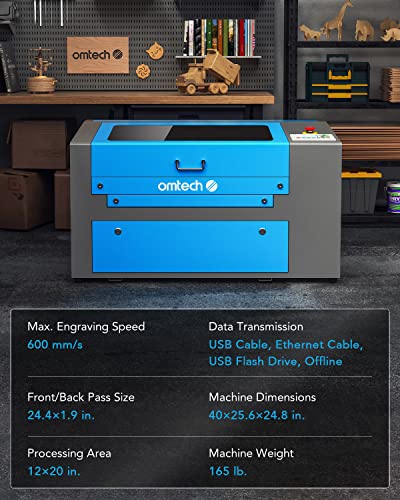 OMTech 50W CO2 Laser Engraver with LightBurn, 12x20 Inch Laser Engraving Cutting Machine with Ruida Control Panel 2 Way Pass Air Assist Water Pump, - WoodArtSupply