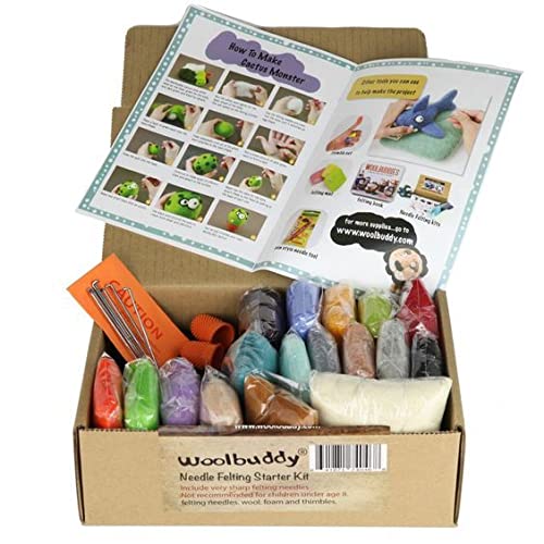 Woolbuddy Needle Felting Starter Kit by 16 Wool Colors, Felting Foam Mat, 6 Needles, 3 Thimbles & Instruction Manuel - Great for Arts & Crafts