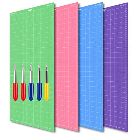 EVISWIY 4PCS 12x24 Mats for Cricut Maker 3/Maker Explore Air 2/Air/One with 5 PCS Blades StandardGrip/LightGrip/StrongGrip/FrabricGrip Multiple Green EVISWIY