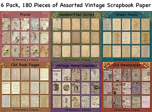 180 Sheets of Scrapbook Paper, Vintage Journaling Scrapbooking Supplies Craft Kits for Bullet Journals Junk Journal Planners Aesthetic Room Decor - WoodArtSupply