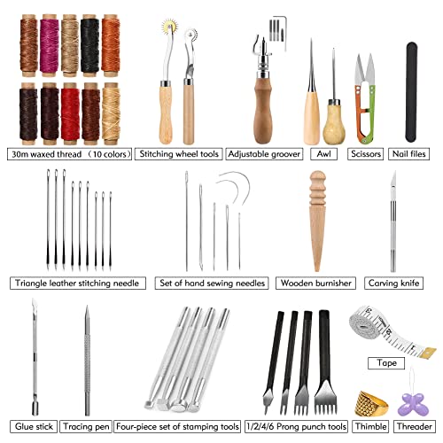 60 Pcs Leather Working Tools Leather Sewing Kit Leather Craft Tools with Storage Bag Stamping Tools Stitching Groover Waxed Thread Prong Punch for