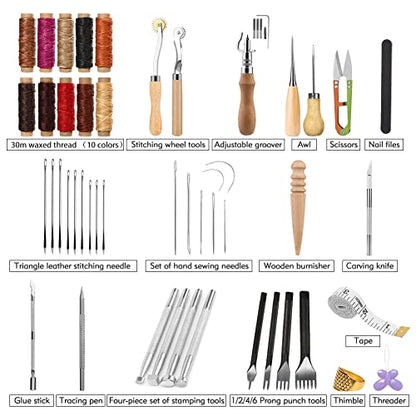 60 Pcs Leather Working Tools Leather Sewing Kit Leather Craft Tools with Storage Bag Stamping Tools Stitching Groover Waxed Thread Prong Punch for