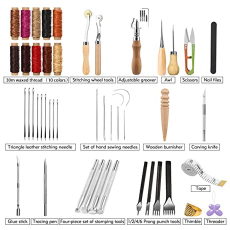 60 Pcs Leather Working Tools Leather Sewing Kit Leather Craft Tools with Storage Bag Stamping Tools Stitching Groover Waxed Thread Prong Punch for JUPEAN
