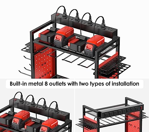 CCCEI Power Tool Organizer Cart with Charging Station, Garage Floor Rolling Storage Cart on Wheels for Mechanic, Mobile 6 Drill, Tool Box Utility CCCEI