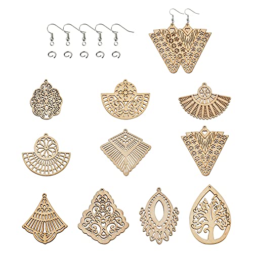 60Pcs Unfinished Wooden Burlywood Dangle Earrings Kit 10 Styles Natural Wood Big Charms with Jump Rings and Earring Hooks for Jewelry Craft Making - WoodArtSupply