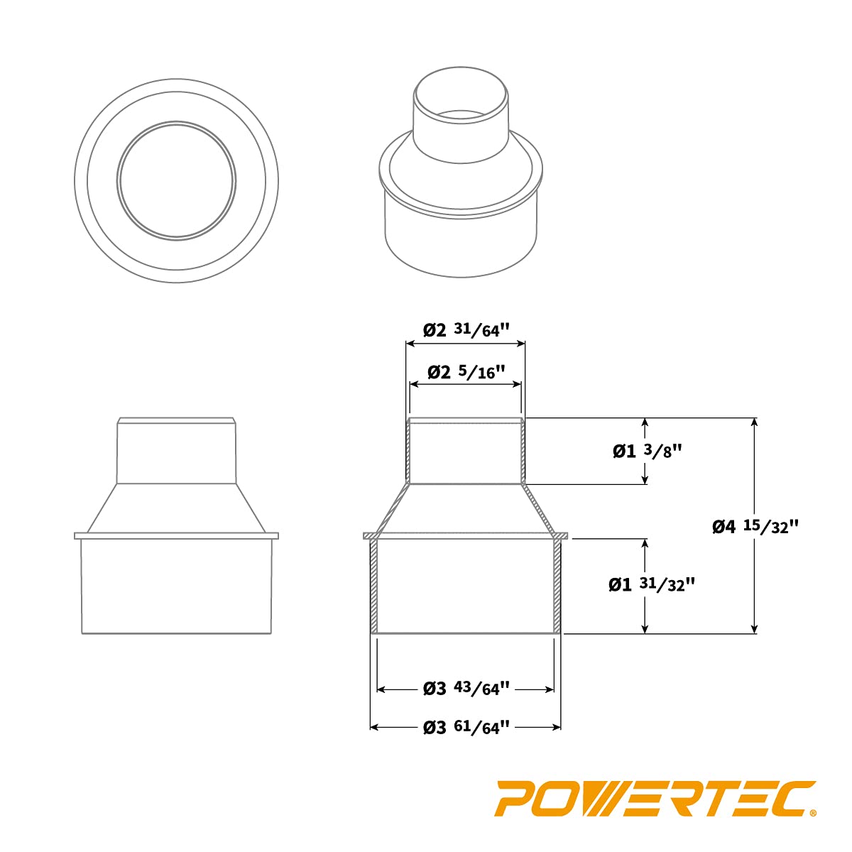 POWERTEC 70136 4-Inch Hose to 2-1/2 Inch Hose Cone Reducer - WoodArtSupply