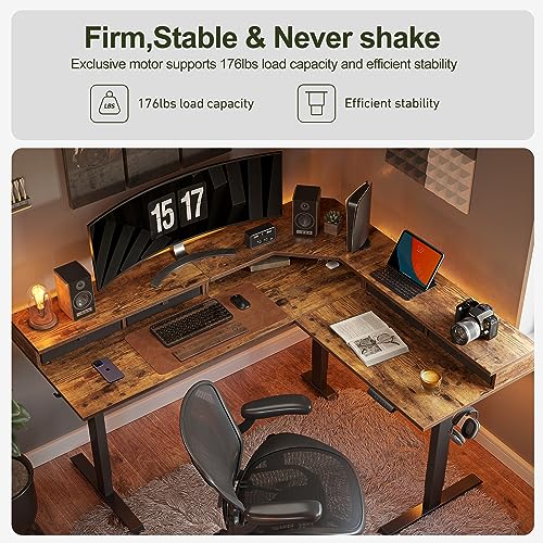 BANTI 63" L-Shaped Electric Standing Desk,Height Adjustable Stand up Desk with 3 Drawer,Corner Stand up Desk, Rustic Brown Top
