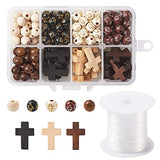 Pandahall 170Pcs 8mm Round Acrylic&Wooden Beads and 30Pcs 22x15.5mm Natural Wooden Cross Pendants Beads Charm with 0.8mm Crystal Elastic String for PH PandaHall