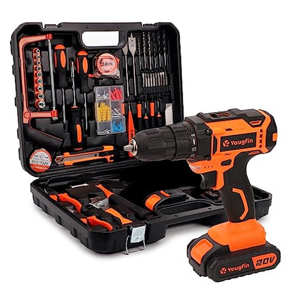 YOUGFIN 118 Pcs Power Tool Combo Kit with 20V Cordless Drill (3/8"), 2 Pack 1.5Ah Battery & Charger - Professional DIY Hand Tool Kit for Home, Garden - WoodArtSupply