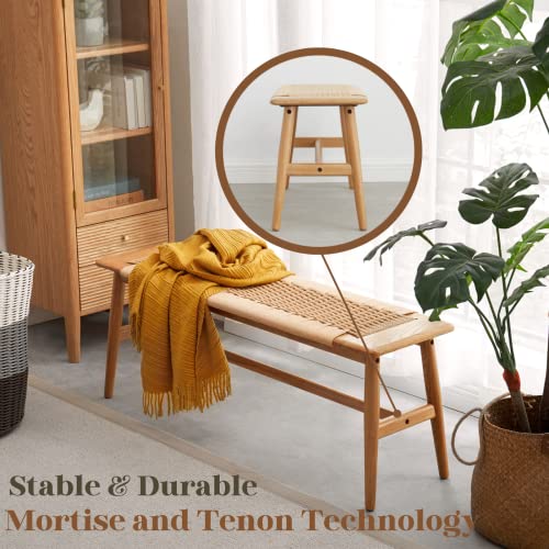 Hymus 32" L 100% FAS Oak Wooden Bench Indoor - Solid Wood Rope Woven Entryway Bench, Dining Bench, Boho Furniture for Entryway, Dining Room, Bedroom, Hymus