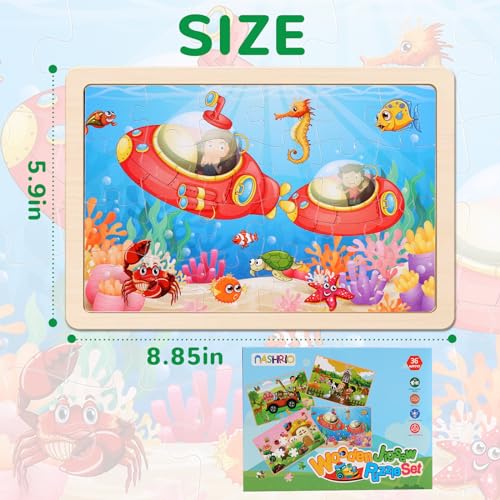Wooden Puzzles Toys for Kids Ages 3-5, Set of 4 Packs with 24-Piece Farm, Insects, Animals Wood Jigsaw Puzzles, Preschool Educational Brain Teaser NASHRIO