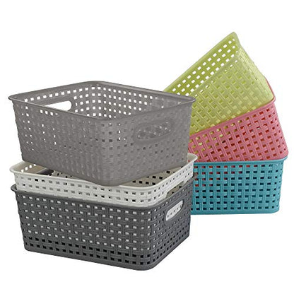 Rinboat Mixed Color Rectangle Storage Baskets, Plastic Weave Shelf Baskets, 6 Packs