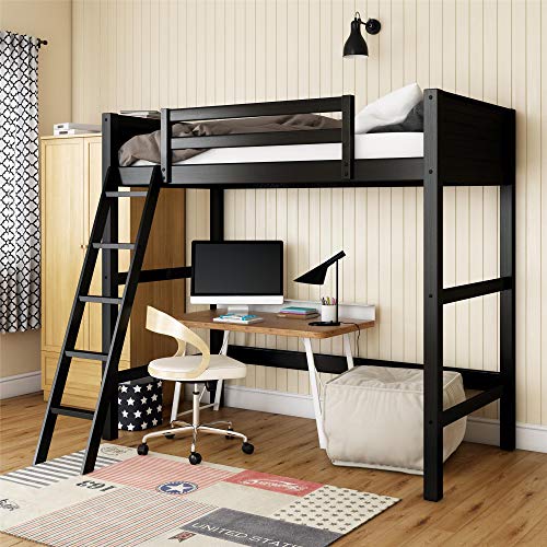 DHP Moon Bay Black Wooden Loft Bed for Kids - Twin Size with Ladder and Guardrails DHP