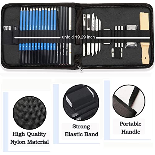 Kalour Sketching Pencil Set(34 Pack) - Includes Sketchbook - Zippered Travel Case - Sketch Pencil,Charcoal Pencil,Blending Paper,Eraser - Art Drawing KALOUR