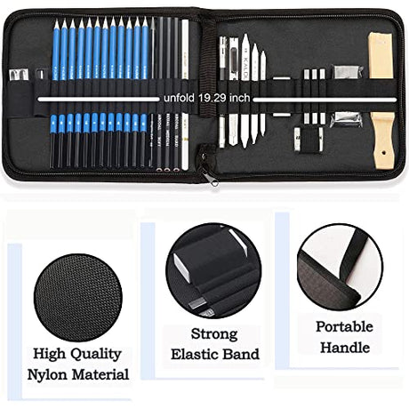 KALOUR 33 Pieces Pro Drawing Kit Sketching Pencils Set,Portable Zippered Travel Case-Charcoal Pencils, Sketch Pencils, Charcoal KALOUR