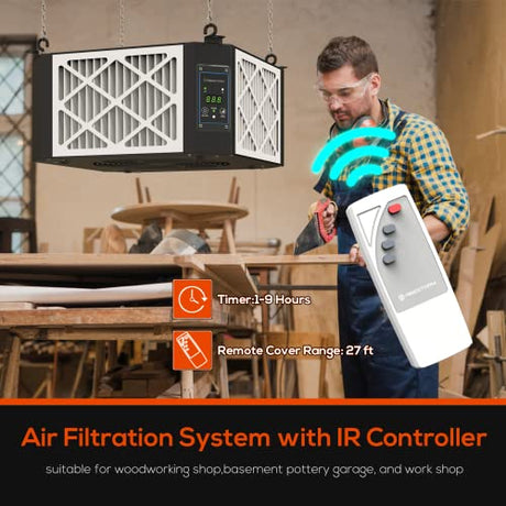 ABESTORM 360 Degree Intake Air Filtration System Woodworking -(1350 CFM) Hanging Air Filter with Strong Vortex Fan for Wood Workshop, Garage, Shop Abestorm