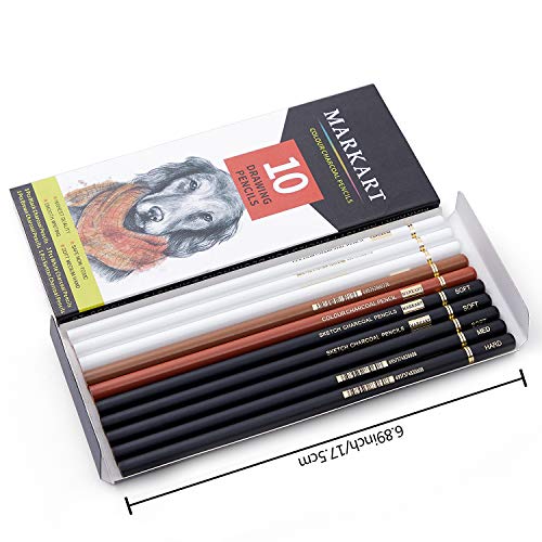 MARKART Professional Colored Charcoal Pencils Drawing Set, 10 Pieces Black  White Charcoal Pencils for Sketching, Shading, Blending, Pastel Chalk