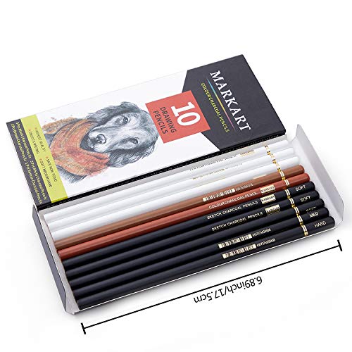 MARKART Professional Colored Charcoal Pencils Drawing Set, 10 Pieces Black White Charcoal Pencils for Sketching, Shading, Blending, Pastel Chalk - WoodArtSupply