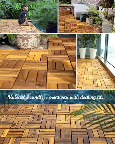 AN68 Pack of 10 Deck Tiles - 12"x12" Interlocking Natural Solid Acacia Wood for Outdoor & Indoor, Patio Garden, Balcony, Poolside - Natural Color