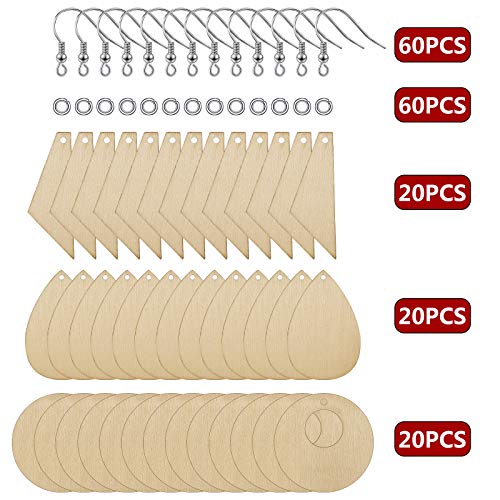 60 Pieces Unfinished Wooden Earrings Pendants Blank Teardrop and Tapered Cutout Pendants with 60 Pieces Earring Hooks and 60 Pieces Jump Rings for Hicarer