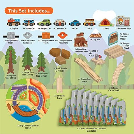 ORBRIUM 141 Pcs National Park Spiral Wooden Train Set STEAM STEM Multi-Level Compatible with Brio, Thomas Wooden Railway Orbrium