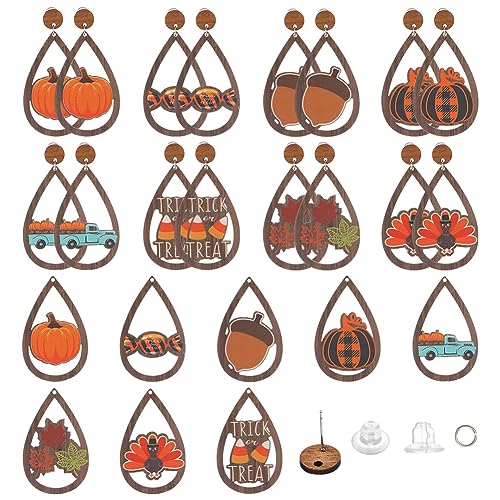 SUNNYCLUE 1 Box 8 Pairs Thanksgiving Dangle Making Starter Kit Thanksgiving Earrings Bulk Wood Teardrop Charms Wooden Fashion Earrings for Jewelry