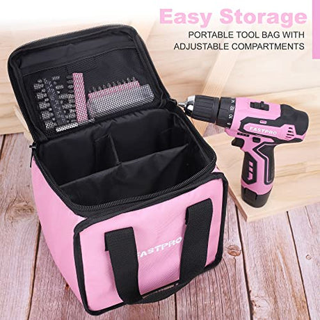 FASTPRO 42-Piece 12V Pink Drill kit, Lithium-ion Cordless Drill Driver, 3/8 in. Drill Driver Set with One 1.5 Ah Batteries, Charger and Tool Bag FASTPRO