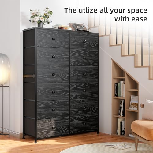 EnHomee Tall Dressers for Bedroom, 12 Drawer with Wooden Top and Metal Frame, Fabric Dresser & Chest of Drawers for Closet Living Room, Black Wood EnHomee