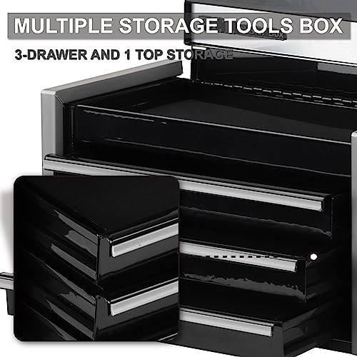 P.I.T. Mini Black Tool Box, Portable 3 Drawer Steel Tool Box with Magnetic Tab Locking, Black Micro Top Chest with Liner for Tools Storage, Home DIY - WoodArtSupply